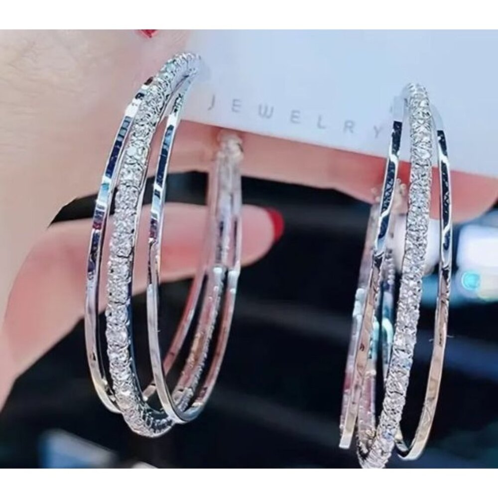 Elegant Silver Tone Rhinestone Hoop Earrings